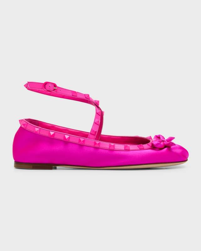 Rockstud Ankle-Strap Ballerina Flats